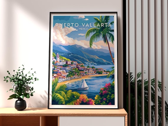 Puerto Vallarta Mexico Tropical Bay Palms Beach Scene Art Poster