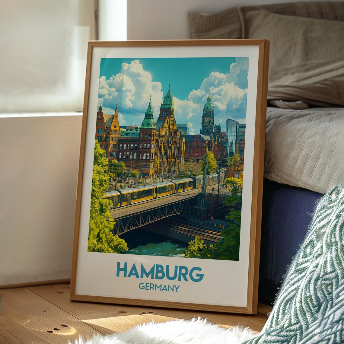 Hamburg Germany City Hall Train Bridge Vintage Skyline Travel Poster - Image 3