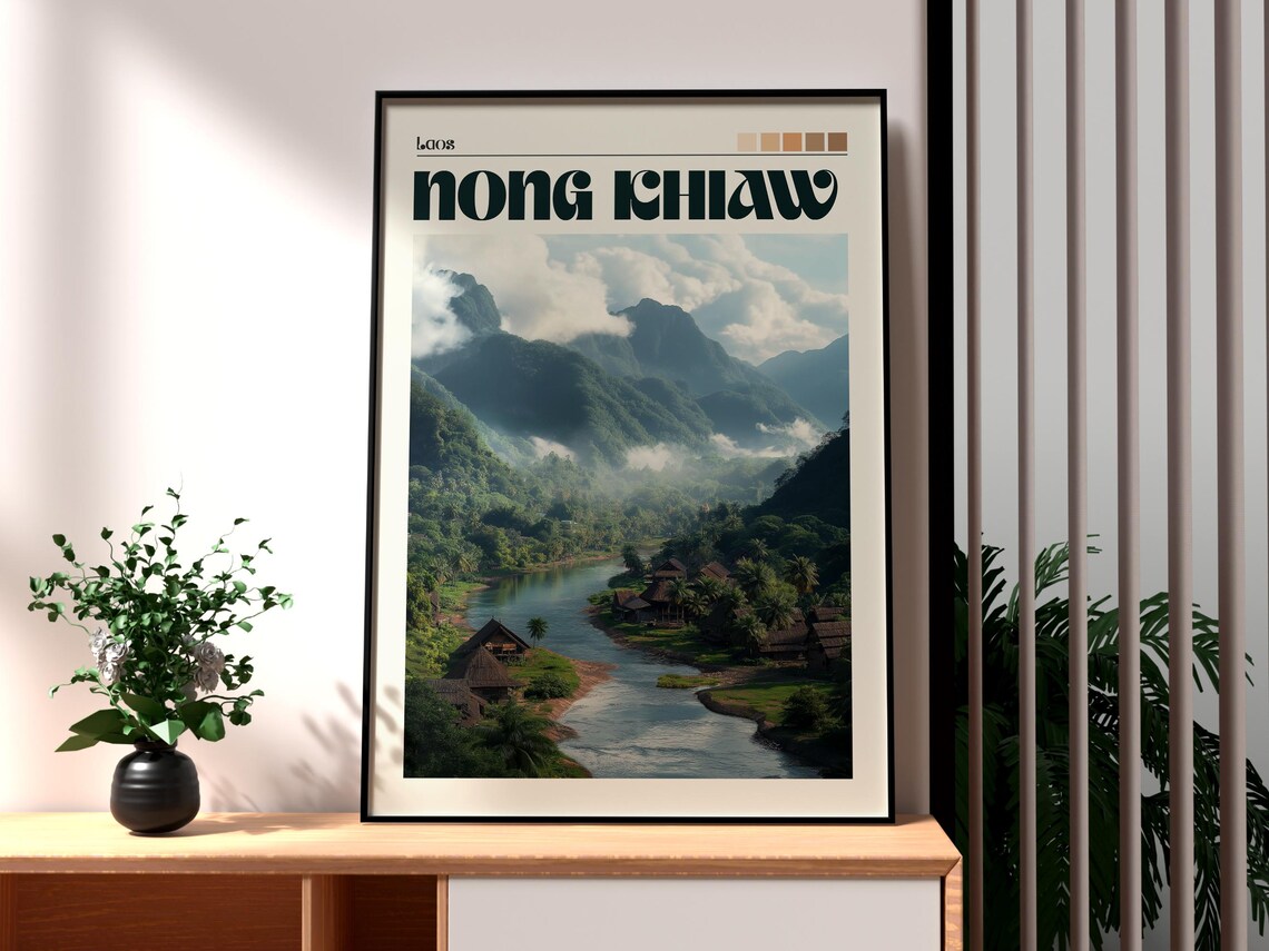 Nong Khiaw Laos Misty Mountain River Village Art Travel Poster