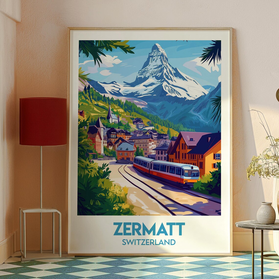 Zermatt Switzerland Matterhorn Peak Village Red Train Alpine Scene Travel Poster - Image 2