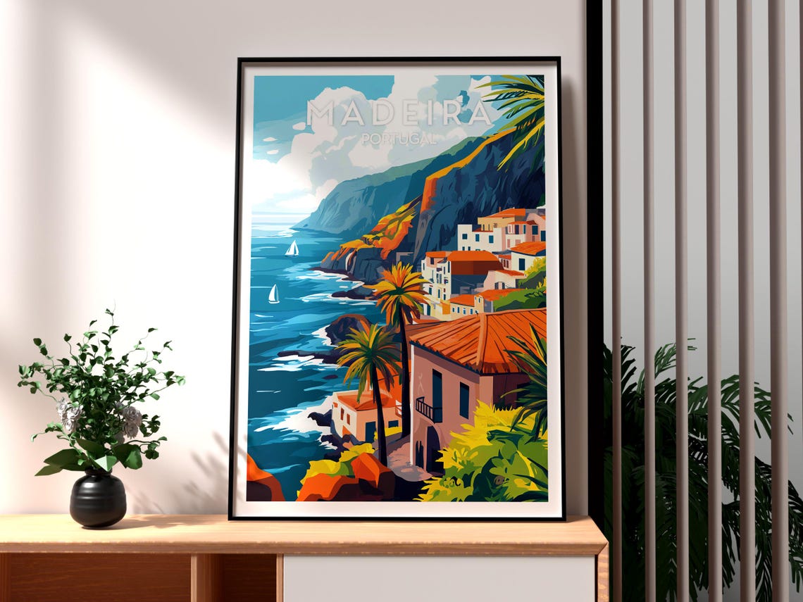 Madeira Portugal Cliff Coast Palm Trees Ocean Village Poster