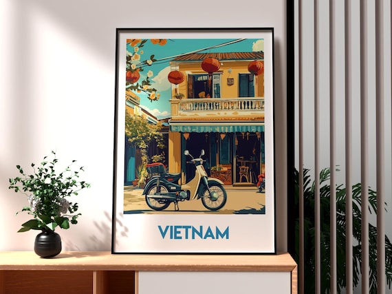Vietnam Old Town Street Red Lanterns Motorbike Scene Travel Poster