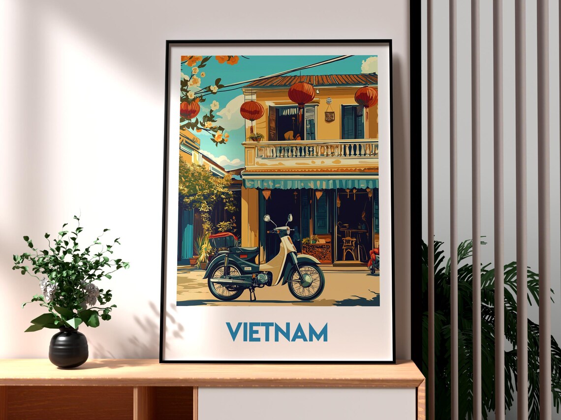 Vietnam Old Town Street Red Lanterns Motorbike Scene Travel Poster