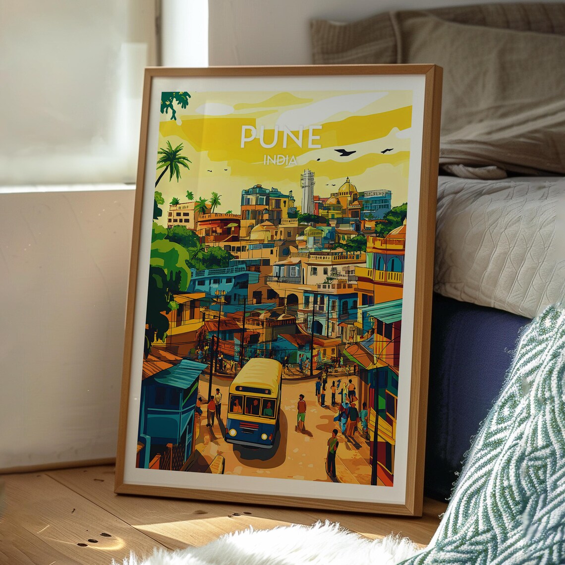 Pune India Colorful Busy City Street Market Scene Art Travel Poster - Image 3