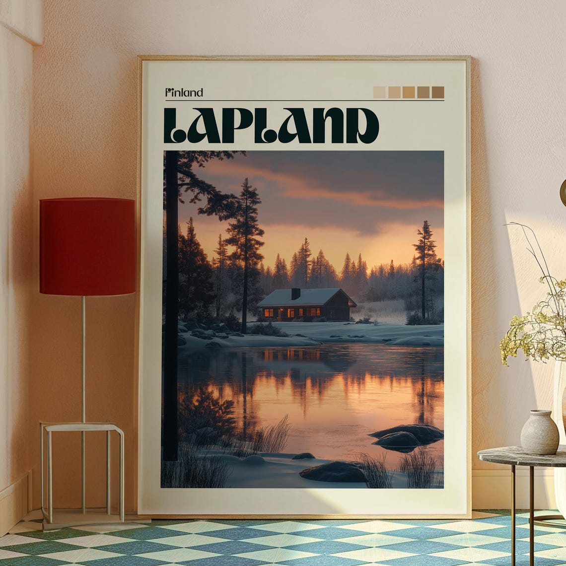 Lapland Finland Snowy Lakeside Cabin Winter Sunset Scene Poster - Image 2