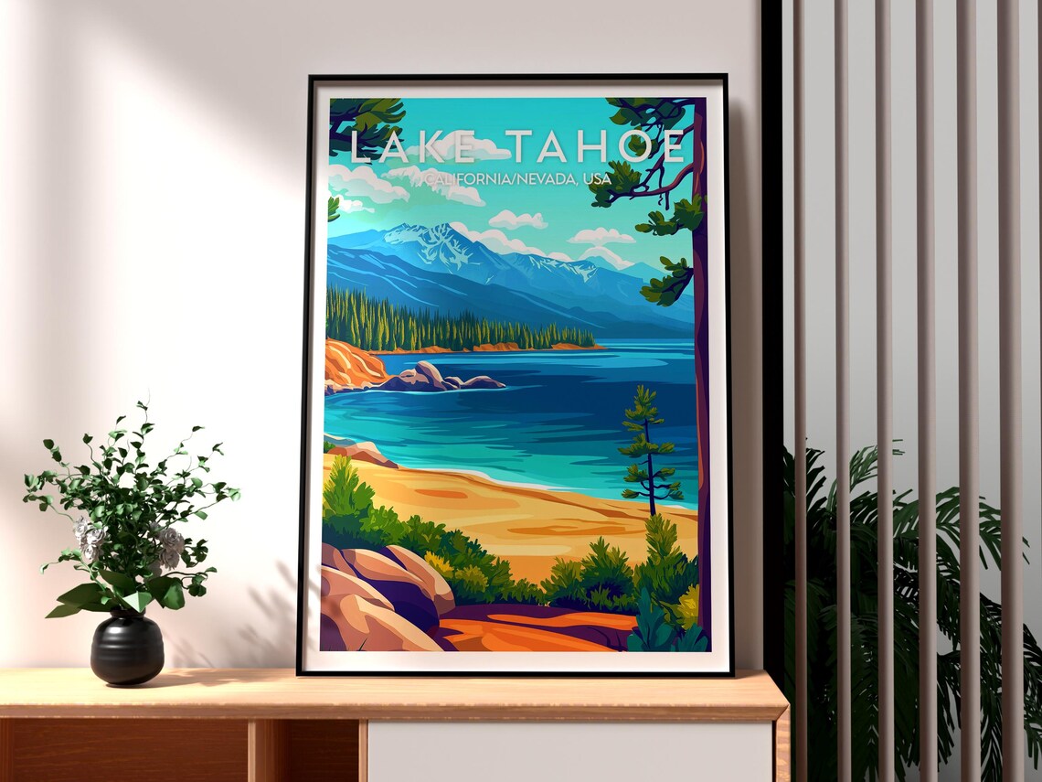 Lake Tahoe USA Mountain Lake Pine Forest Beach Travel Poster