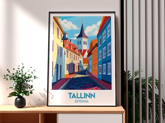 Tallinn Estonia Old Town Cobbled Street Spire Medieval Travel Poster