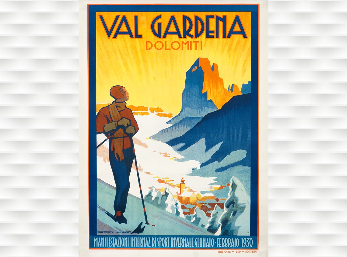 Val Gardena Dolomiti 1930 Italian Winter Sports Skiing Event Poster