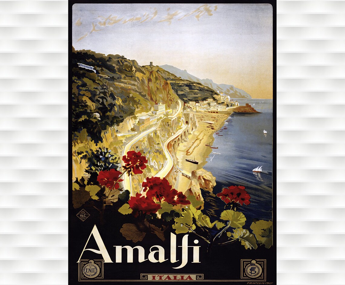 Amalfi Italia Coastal Road Geraniums Vintage Italian Travel Poster