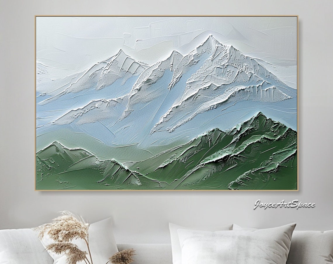 Green Snowy Mountain Range Textured 3D Impasto Landscape Oil Poster