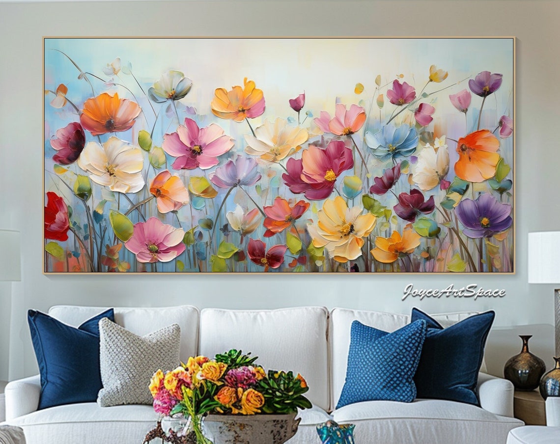Colorful Spring Cosmos Flowers Pastel Blooms 3D Impasto Wall Art