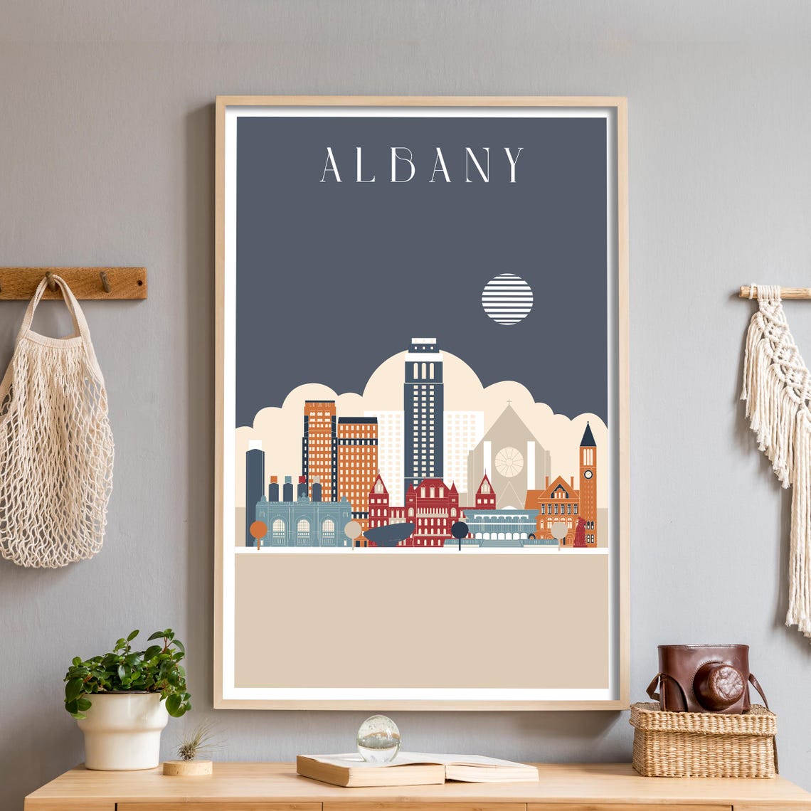 Albany New York Colorful Illustrated Capitol City Night Skyline Poster
