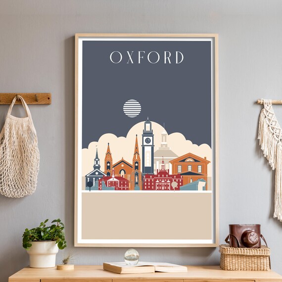 Oxford England Minimalist Night Skyline Poster with Clock Tower and Moon