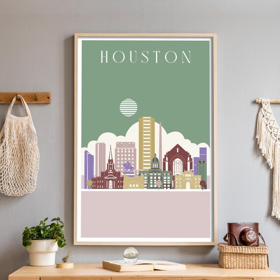 Houston Texas Colorful Illustrated Modern Downtown Skyline Poster
