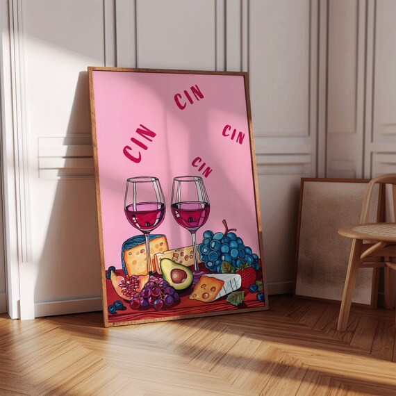 Cin Cin Wine Glasses Cheese Board Pink Illustration Kitchen Bar Poster