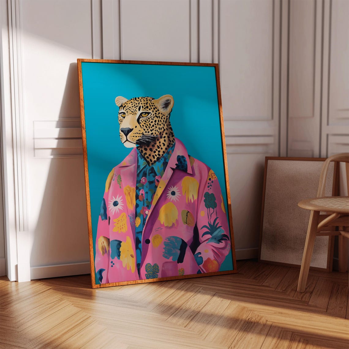 Dopamine Cheetah Poster Pink Floral Jacket Teal Maximalist Decor