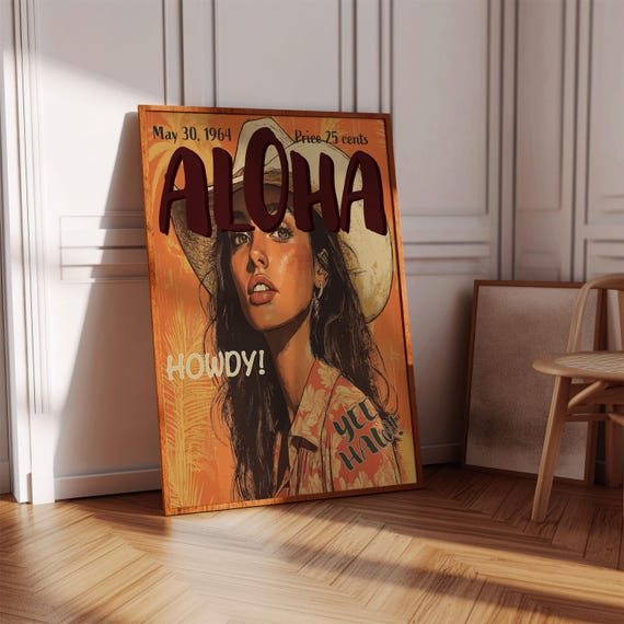 Vintage Cowgirl Poster Retro Western Magazine Cover Art Print Mid Century Wall Decor Aloha 60s Brown