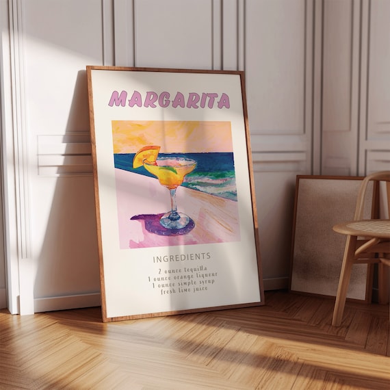 Margarita Recipe Ingredients Watercolor Cocktail Beach Pink Wall Poster