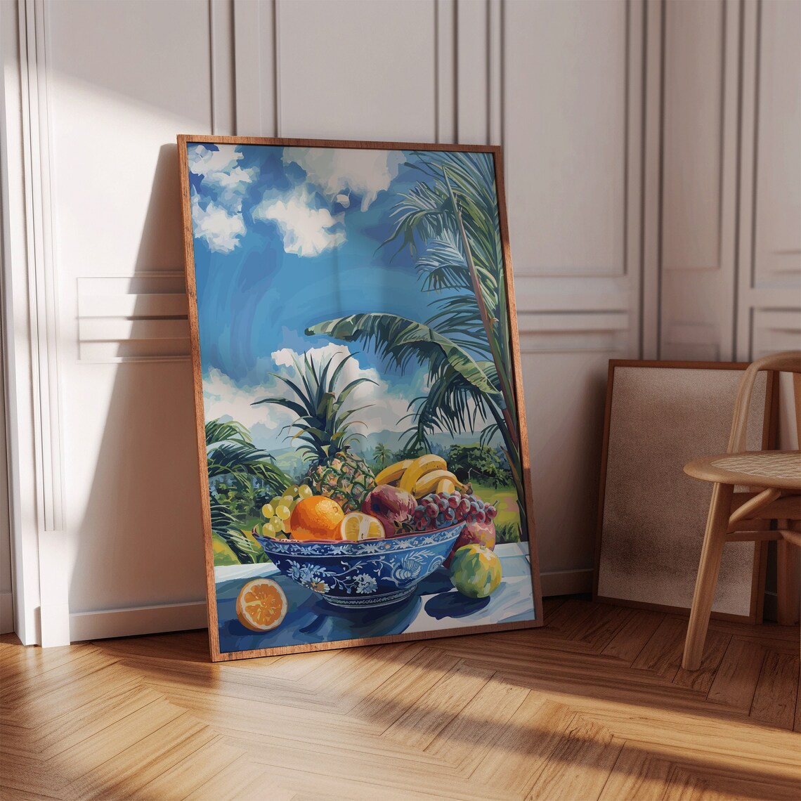 Tropical Fruit Bowl Still Life Painting Palm Trees Coastal Poster