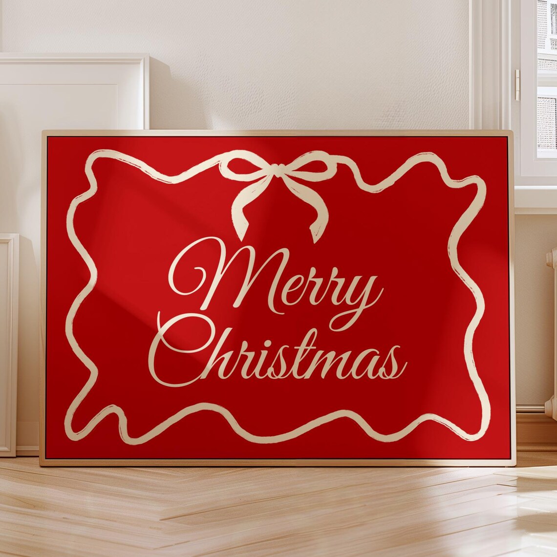 Merry Christmas Cream Script Red Ribbon Bow Holiday Art Print