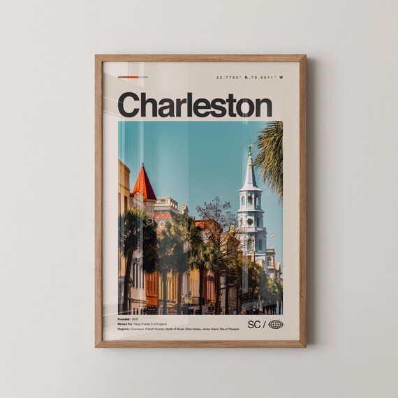 Charleston Print Real Photo Travel Art Poster Mid Century Minimal Wall Map South Carolina