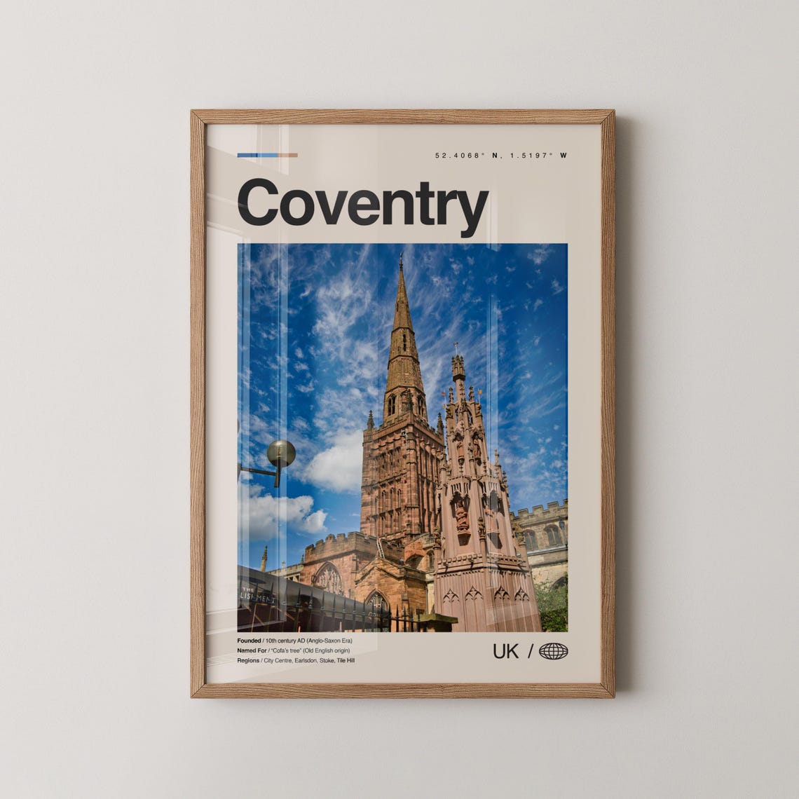 Coventry England Cathedral Spire Blue Sky Minimalist Travel Poster