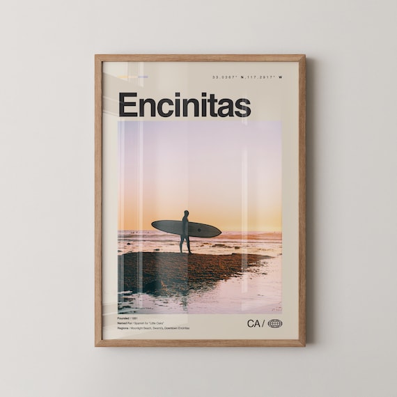 Encinitas Sunset Surfer Silhouette California Beach Travel Poster