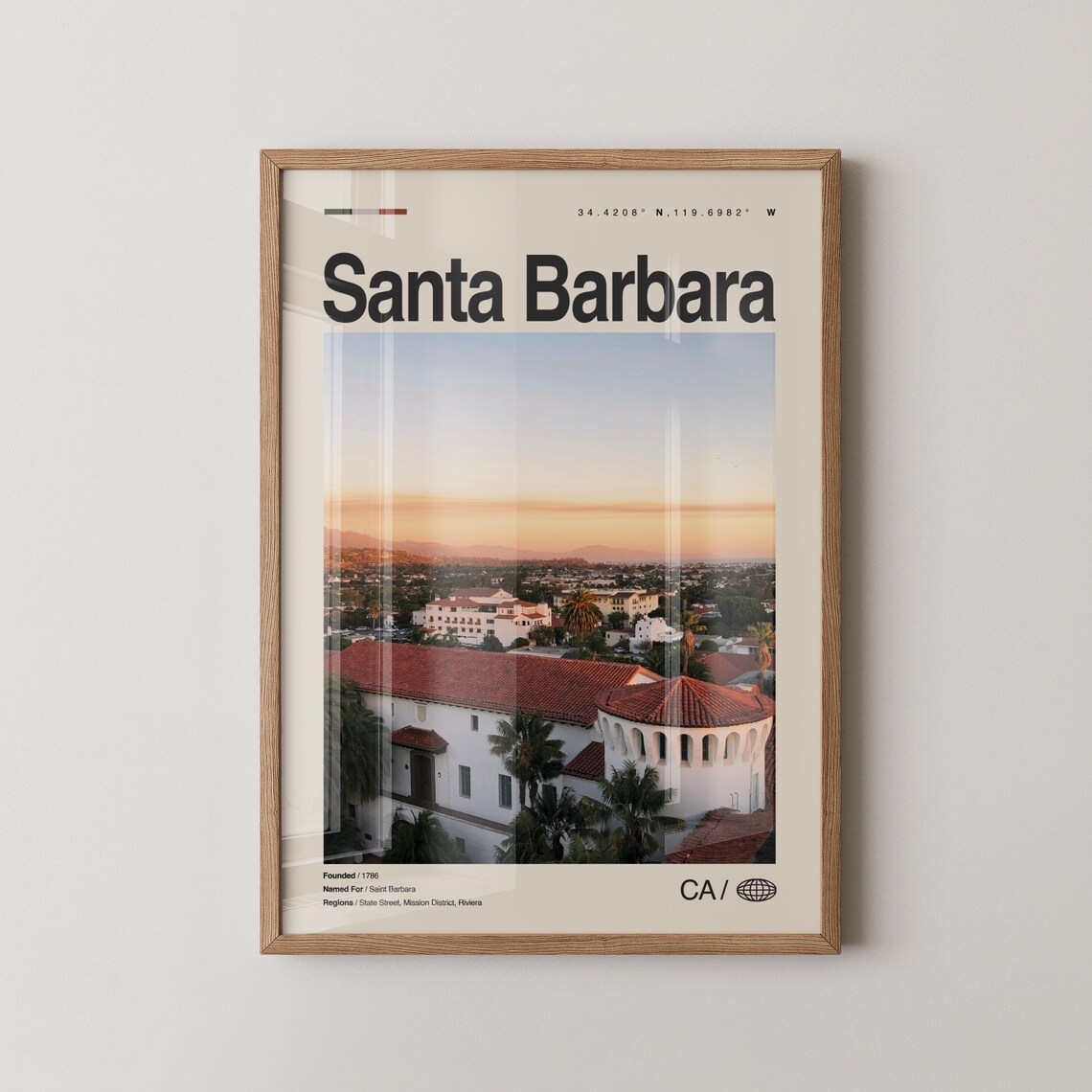 Santa Barbara Sunset Panorama Red Tile Rooftops Mission District Poster Art