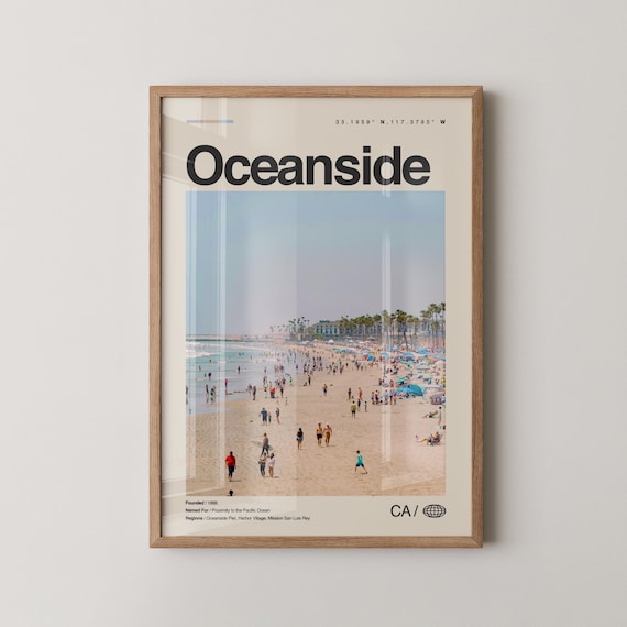 Oceanside California Crowded Beach Summer Pier Travel Poster