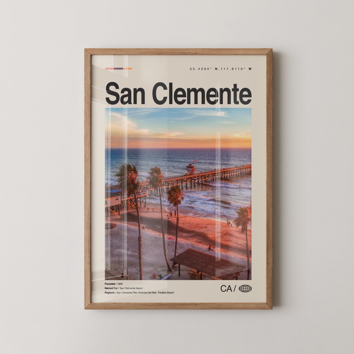 San Clemente California Travel Poster Sunset Pier Palm Beach Scene