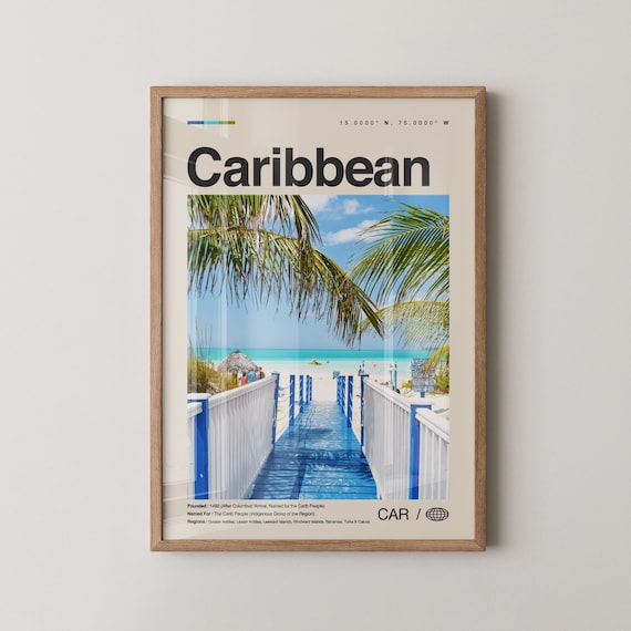 Caribbean Beach Boardwalk Palm Trees Turquoise Sea Travel Poster