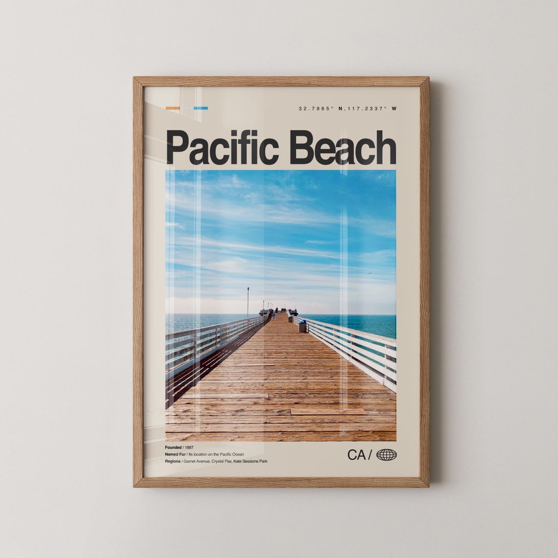 Pacific Beach California Wooden Pier Ocean Minimalist Travel Poster
