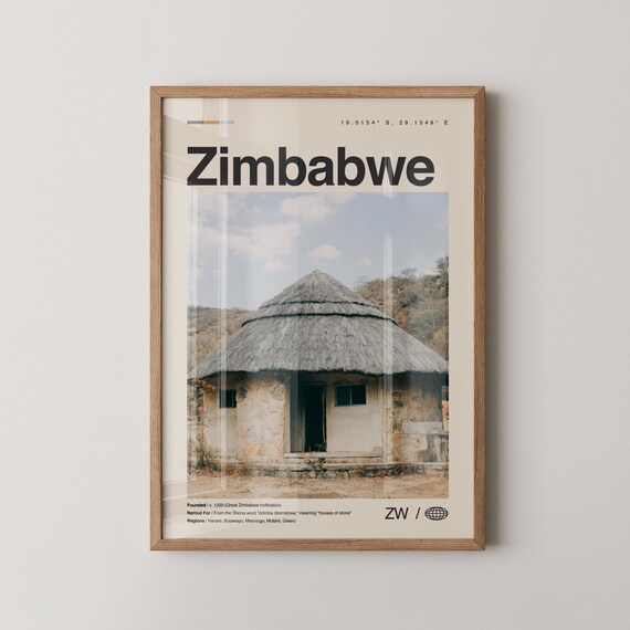 Zimbabwe Thatched Hut Village Scene Minimalist Country Poster