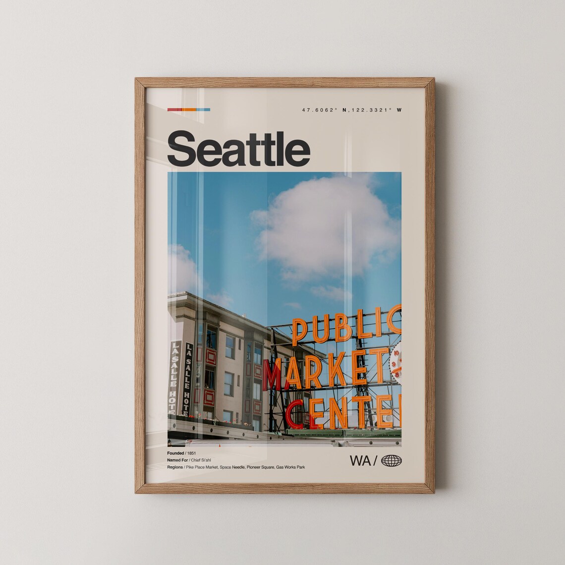 Seattle Travel Poster, Mid-Century Minimal Map