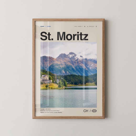 St Moritz Travel Poster Swiss Alps Lake Mountain Photo with Coordinates
