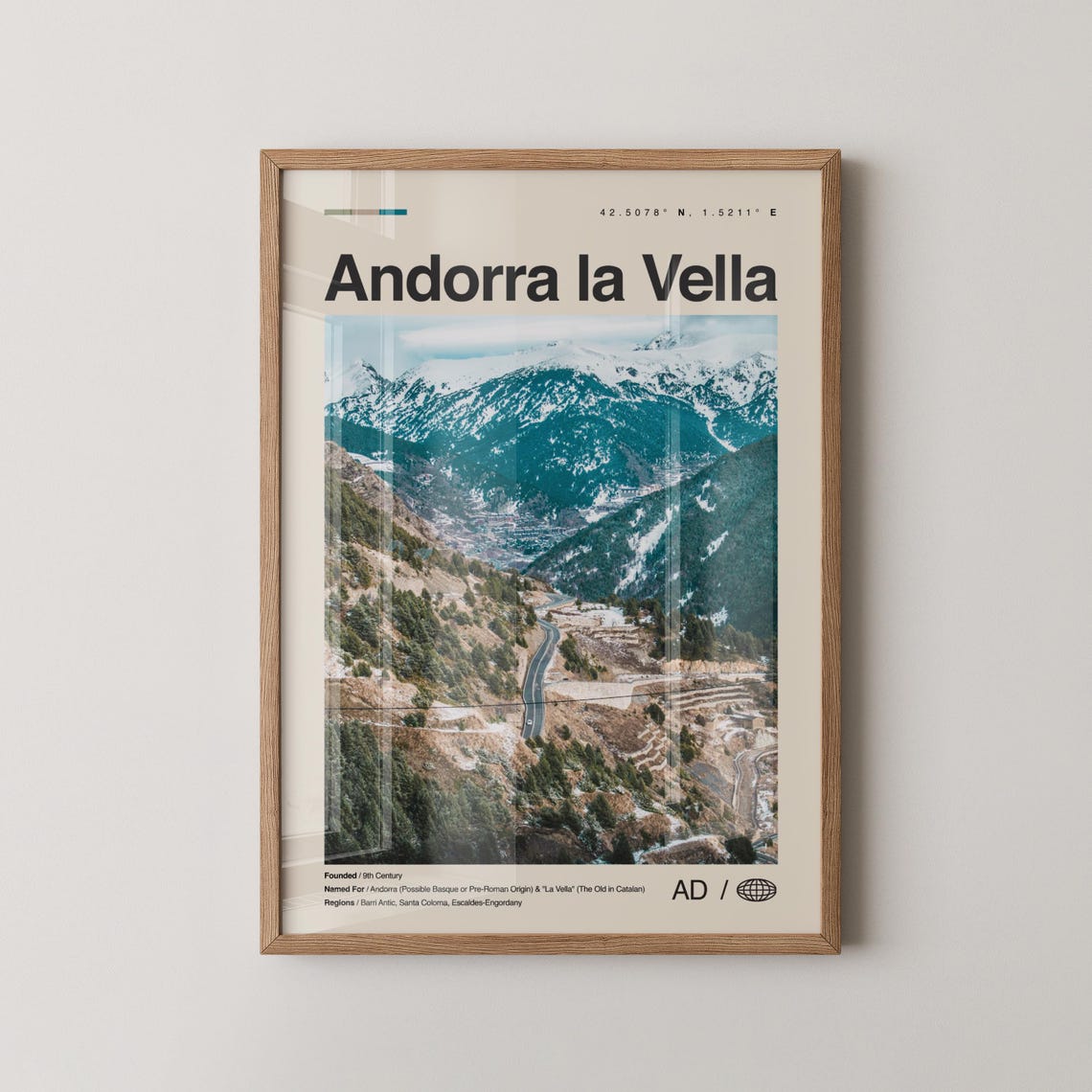 Andorra la Vella Pyrenees Snowy Mountain Range Travel Map Poster