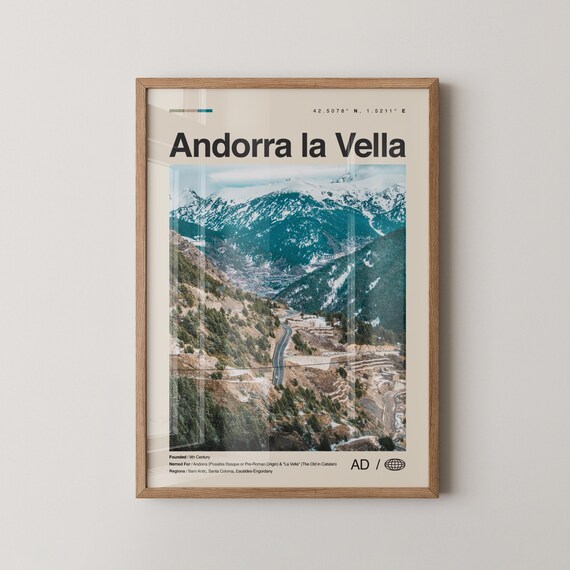 Andorra la Vella Pyrenees Snowy Mountain Range Travel Map Poster
