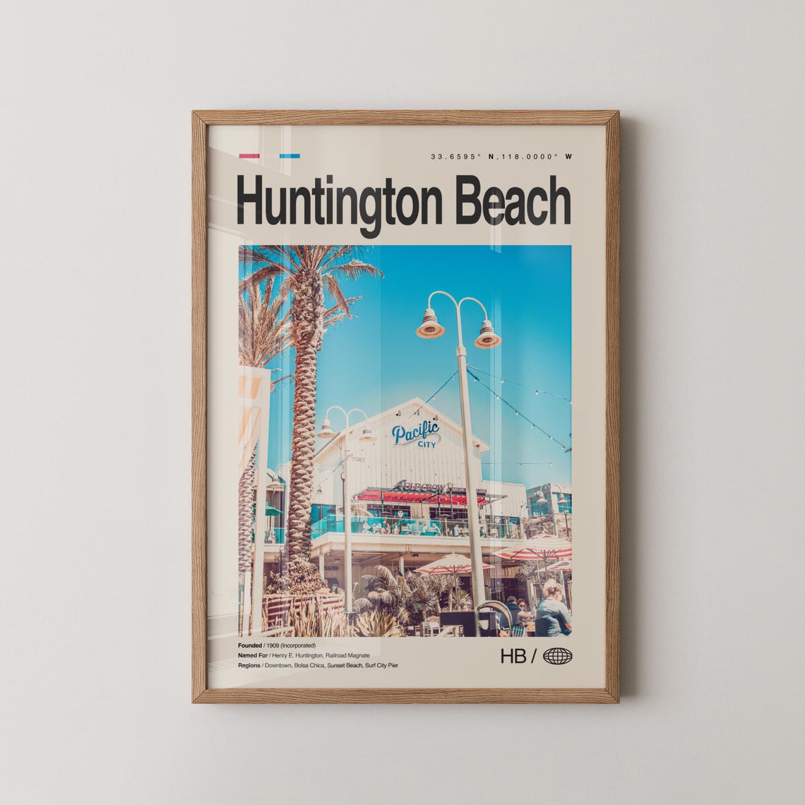 Huntington Beach Poster Pacific City Palm Trees Photo Decor Gift