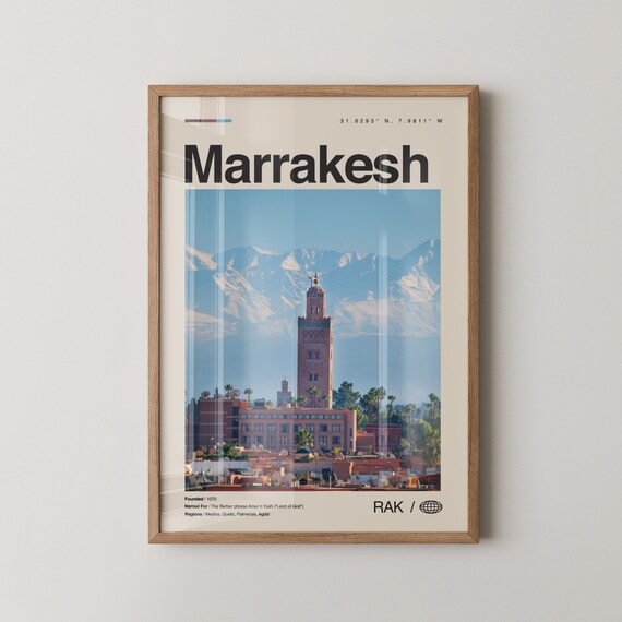 Marrakesh Morocco Koutoubia Minaret Atlas Mountains Travel Poster