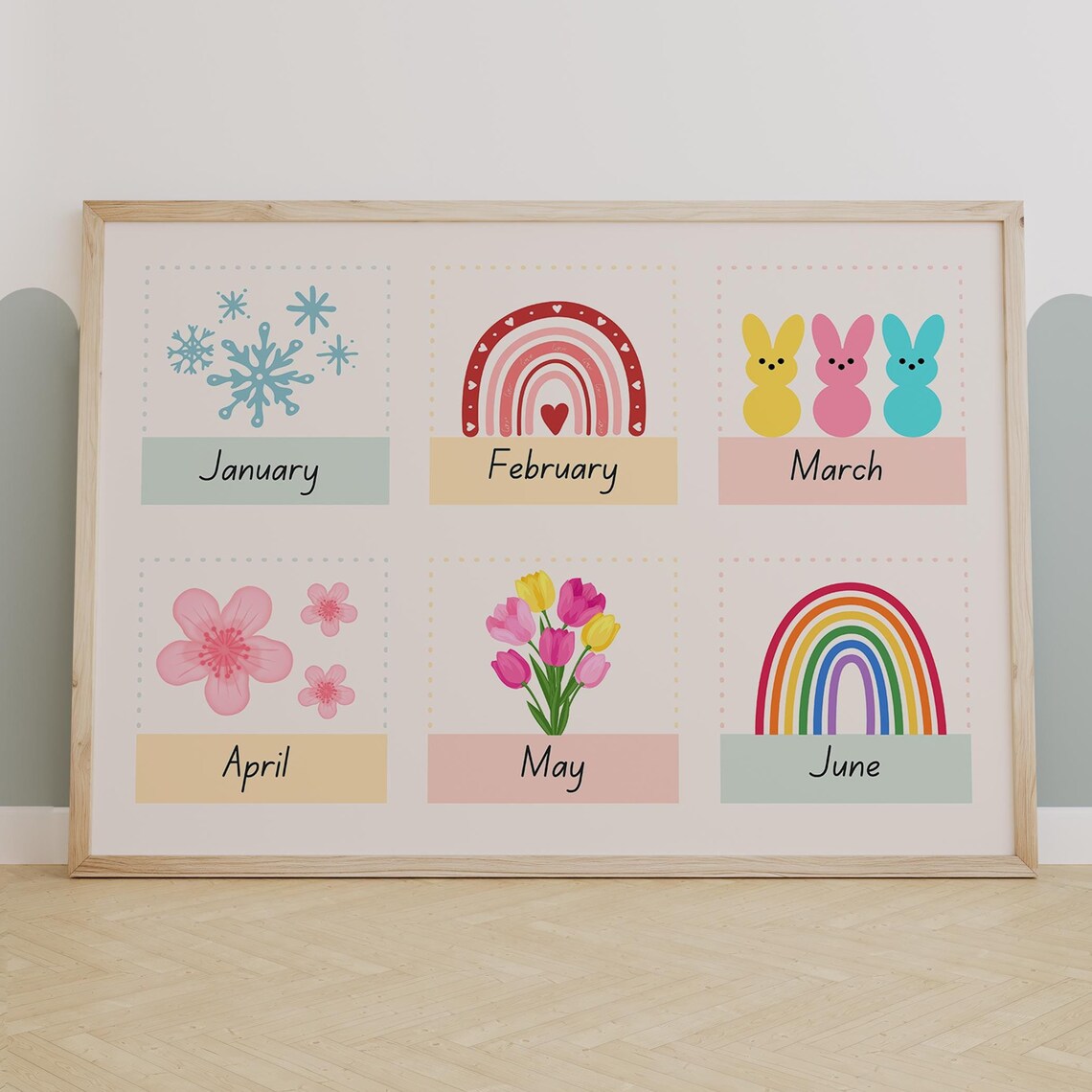 January To June Monthly Flashcard Style Kids Room Wall Decor Poster
