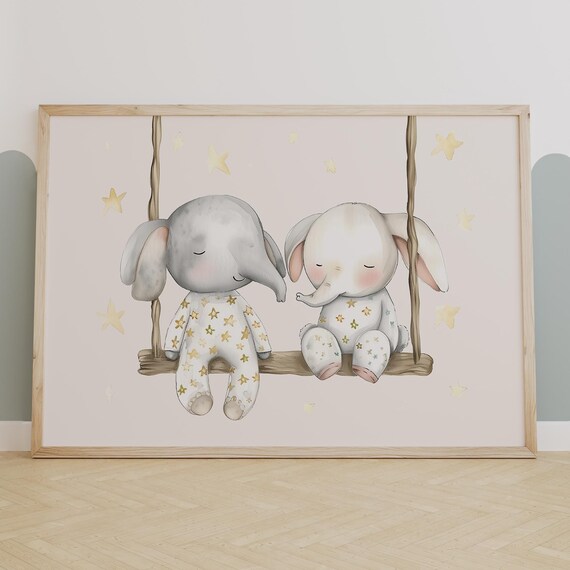 Two Baby Elephants On Swing In Pajamas Dreamy Nursery Wall Poster