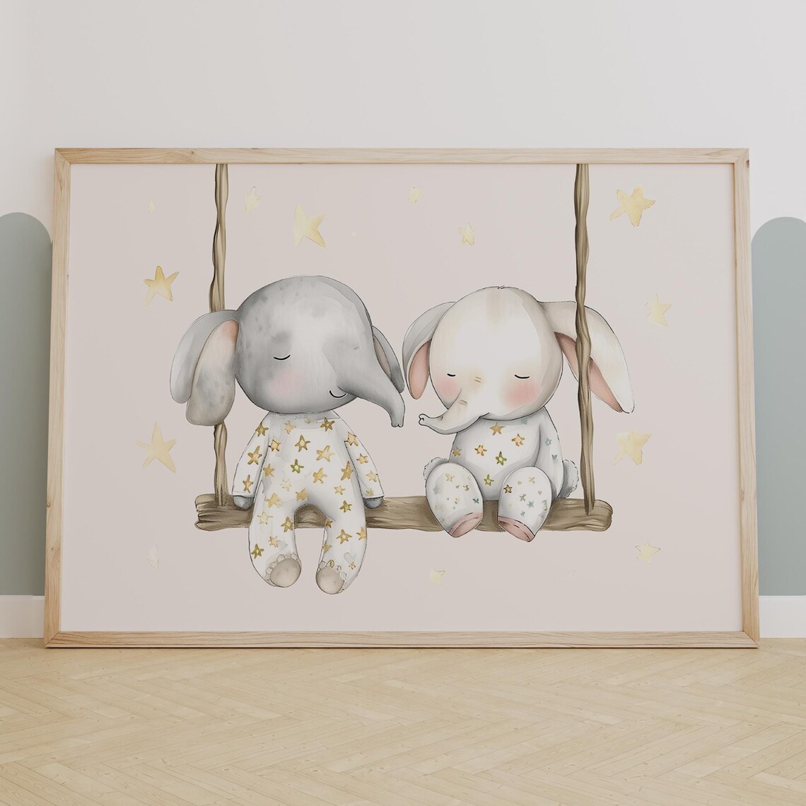 Two Baby Elephants On Swing In Pajamas Dreamy Nursery Wall Poster