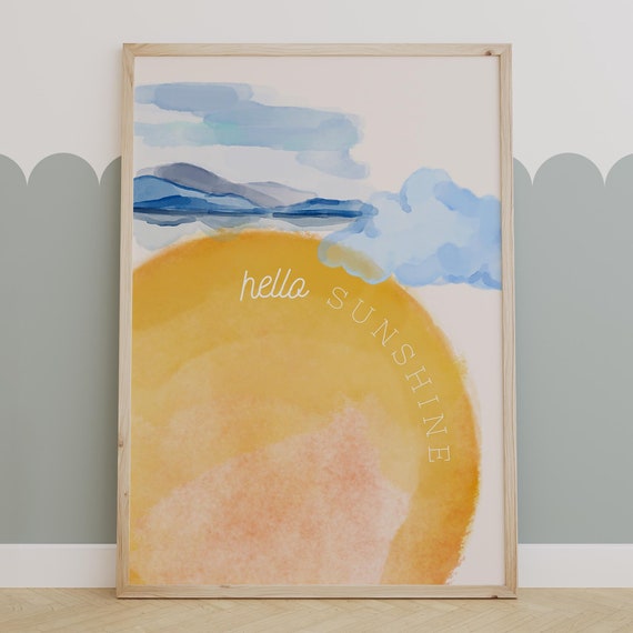 Hello Sunshine Wall Art Watercolor Sun And Sky Poster Minimalist Nature Inspired Decor Whimsical Kids Room Artwork