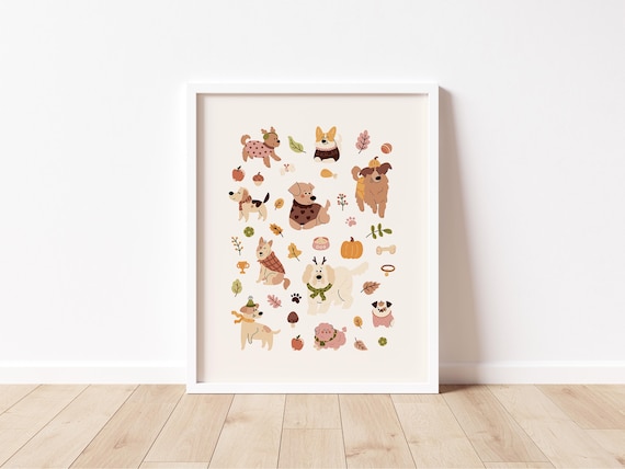 Dog Illustration Print Drawn Pet Portrait Dog Portrait Wall Art Dog Lover Gift Fall Dog Print Cute Kids Room Dog Art