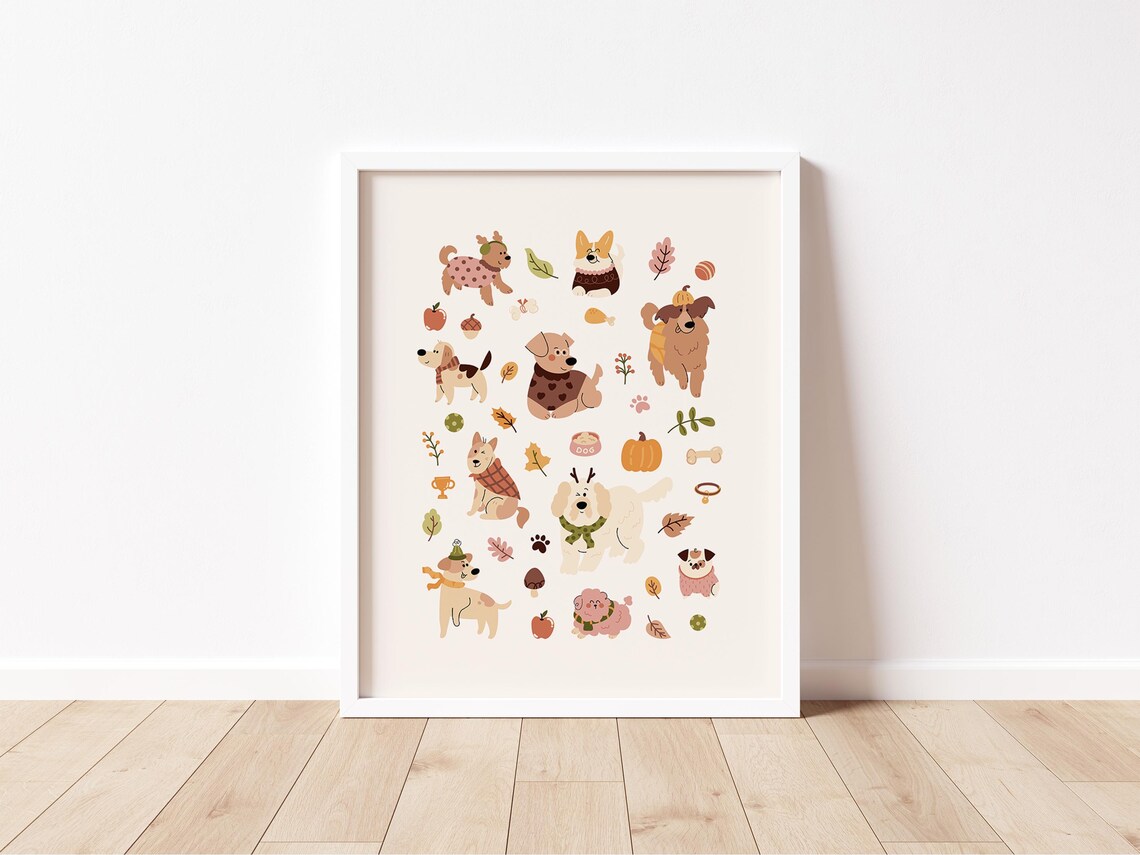 Autumn Dogs in Sweaters Fall Cute Puppy Watercolor Art Poster
