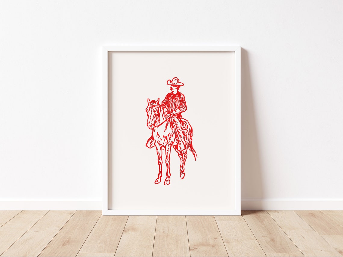 Cowboy on Horseback Red Line Art Western Ranch Decor Wall Poster - Image 2