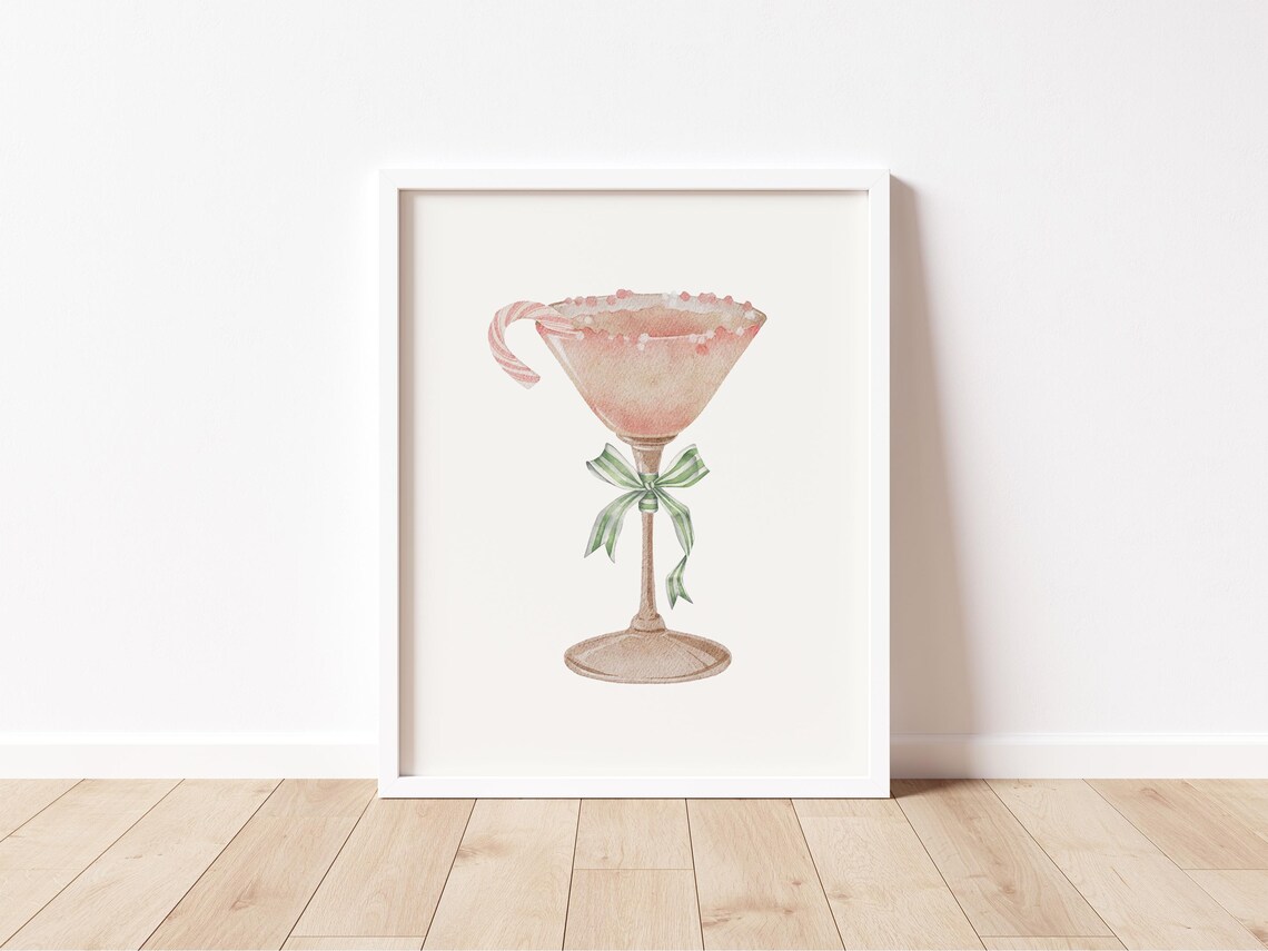 Peppermint Pink Martini Candy Cane Watercolor Holiday Bar Poster - Image 2
