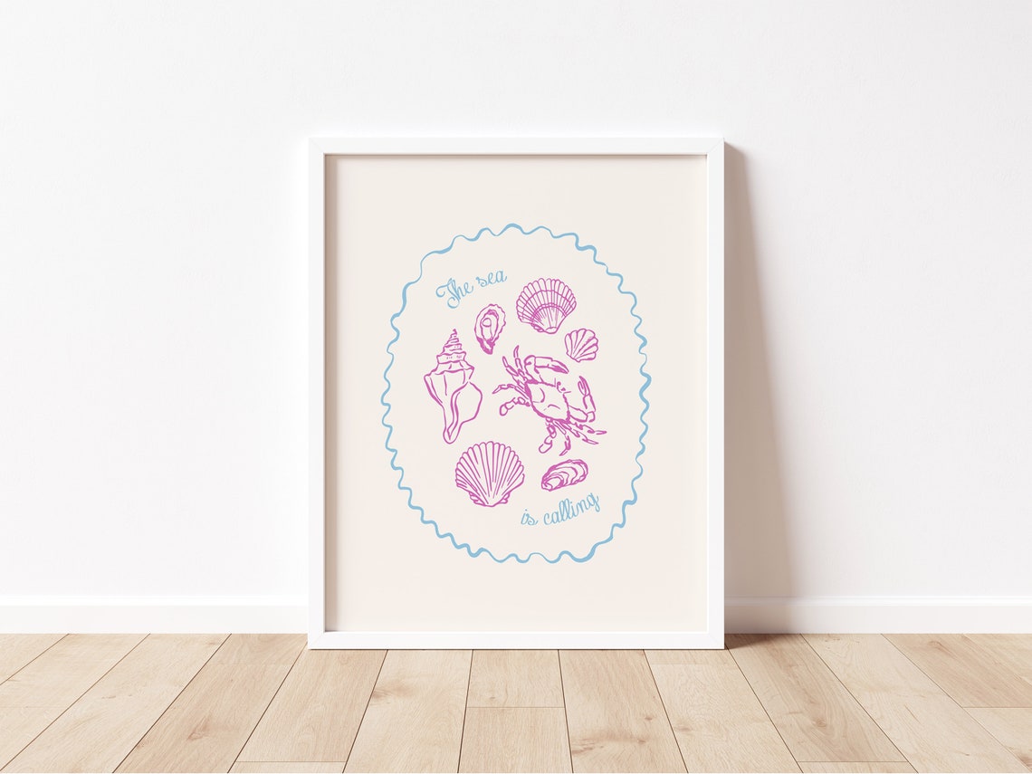The Sea Is Calling Pink Shells Crab Vintage Coastal Line Art Poster - Image 2