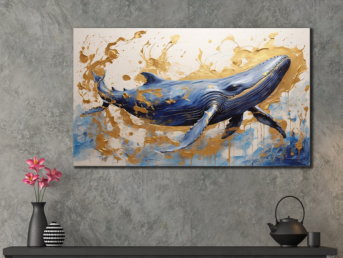 Blue Whale Gold Splash Abstract Ocean Painting Elegant Animal Poster - Image 3
