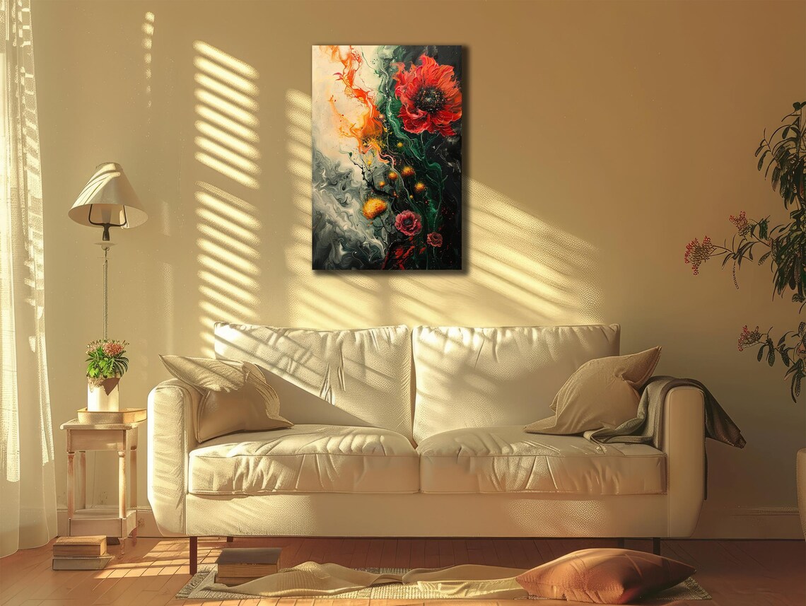 Red Poppy Bloom Smoky Swirl Dark Abstract Floral Wall Art Poster - Image 3